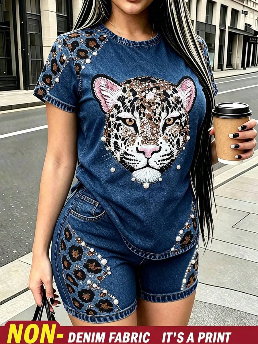 Rovax Women's Animal Print Short Sleeve Top, Earrings And Shorts Casual Daily 2 Pieces Set - Multicolor - View 1