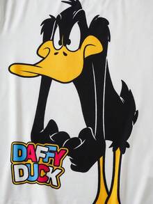 LOONEY TUNES X SHEIN 男士舒适鸭子印花短袖T恤和抽绳腰短裤睡衣套装，夏季 - 白色 - 查看 4
