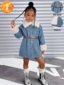Manteau mi-long épais avec col en fourrure pour jeunes filles, nouvelle arrivée automne/hiver, veste en jean délavé et usé style coréen au-dessus du genou, convient pour le port extérieur et décontracté - Bleu azur - Voir 3