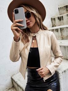 SHEIN Clasi Zip Through PU Leather Jacket In Fall/Winter - Apricot - View 5