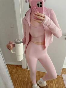 SHEIN Teen Girl Solid Color 3D Bone Line Stand Collar Zipper Front Slim Fit Long Sleeve Jacket,Random 1pc Sent - Pink - View 10