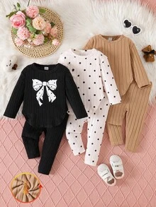 SHEIN 6件組女嬰蝴蝶結印花、波點、純色圓弧下擺上衣 + 印花、波點、純色長褲，可愛休閒百搭多件套裝，適合秋季 - 彩色 - 查看 3
