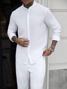 Manfinity CasualCool Men Spring And Autumn Casual Solid Color Shirt & Trousers, Fall Clothes, Formal - White - View 3