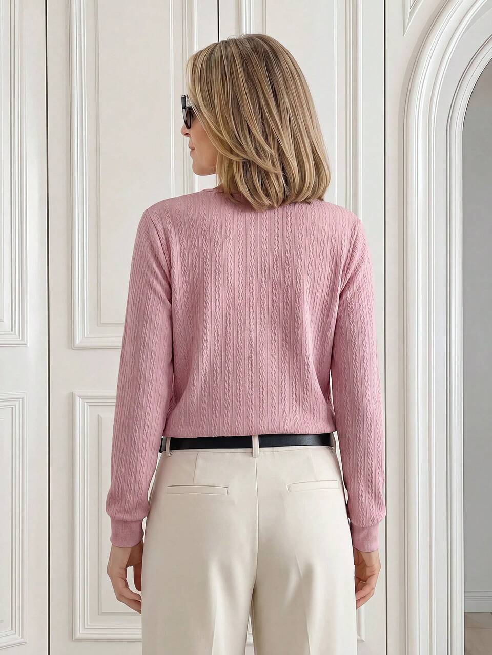 Elegant Frenchy Style, Pearl Button Cable Knit, Cardigan Blouse Top, Soft Knit Pink White, V Neck Long Sleeve, Business Work Office, Fall Winter