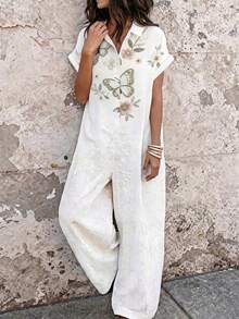 EMERY ROSE Women's Summer Vacation Embroidered Print Shirt Collar Short Sleeve Jumpsuit - White - View 3