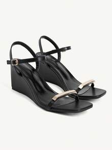 CUCCOO CHICEST Black Metal Square Buckle Wedge Sandals Women, Square Toe Open Toe Ankle Buckle Summer Commuter Shoes - Black - View 1