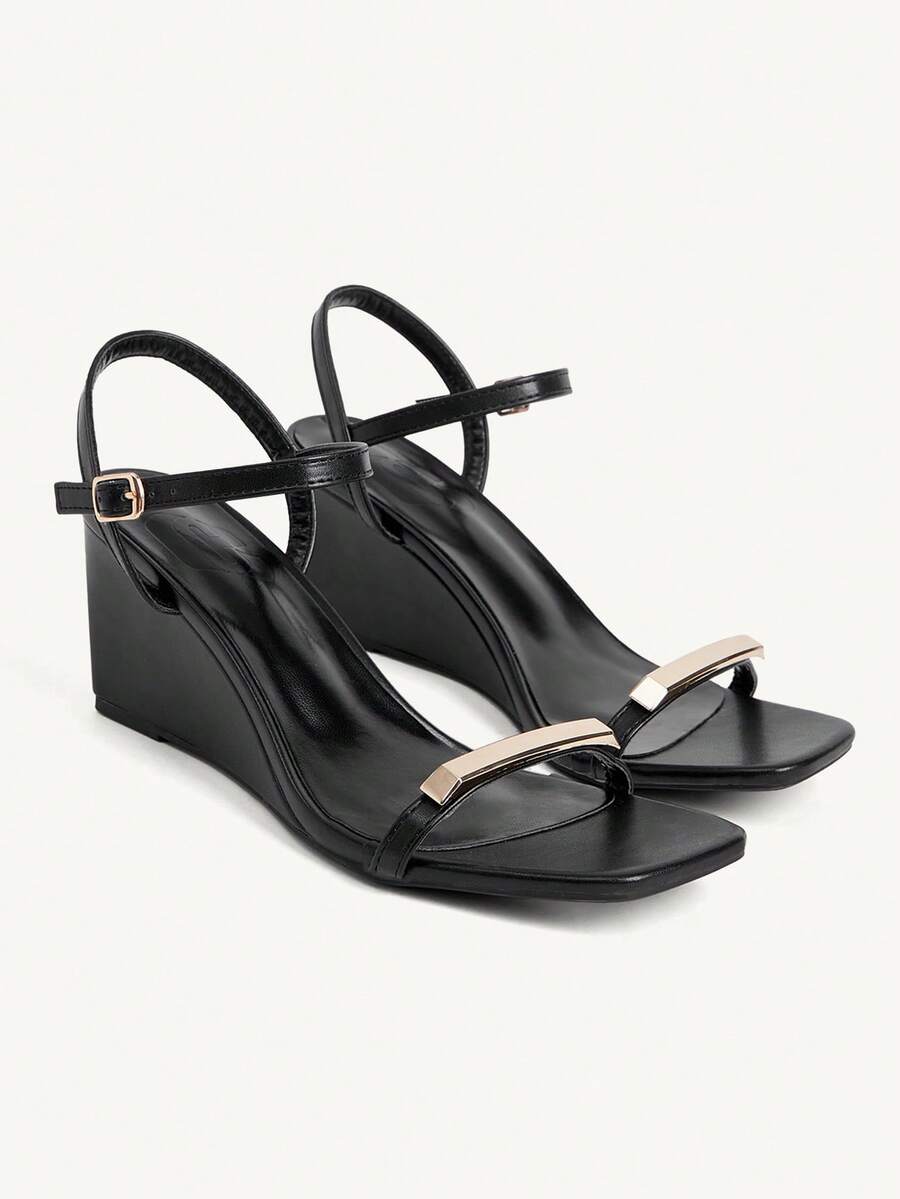 CUCCOO CHICEST Black Metal Square Buckle Wedge Sandals Women, Square Toe Open Toe Ankle Buckle Summer Commuter Shoes - Black - View 1