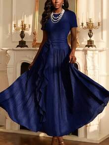 Vintamour Women's Ruffle Hem Elegant Long Dress Day Party Dinner Navy Blue Wedding Guest Dress For Women Elegant Party Blue Dress For Women Fall Winter 2026 - Blue - View 3