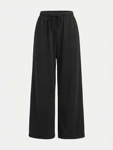 SHEIN Celana Panjang Olahraga Lurus Longgar dengan Tali Serut, Bahan Beludru Tebal, Bahan Plus untuk Musim Gugur dan Musim Dingin, Motif Bunga Abu-abu, Celana Olahraga Kasual untuk Sehari-hari - Hitam - View 8