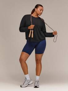 GLOWMODE Plus Size UPF50+ Sun Protection Glow On Regular Fit Long Sleeve Crewneck With Airy Back Slit & Dropped Shoulders Daily Casual Fall - Black - View 8