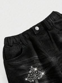 SHEIN 女童 Y2K 街頭風亮面黑色丹寧寬鬆牛仔褲，秋冬款，女童返校與萬聖節服飾，幼童牛仔褲 - 黑色 - 查看 4