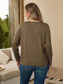 EMERY ROSE Plus Size Women's Solid Color Button Design Long Sleeve Casual T-Shirt - Brown - View 2