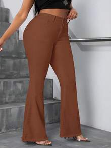 Slaydiva Plus Size Fashion Versatile Button Pocket Frayed Hem Flare Jeans - Brown - View 3