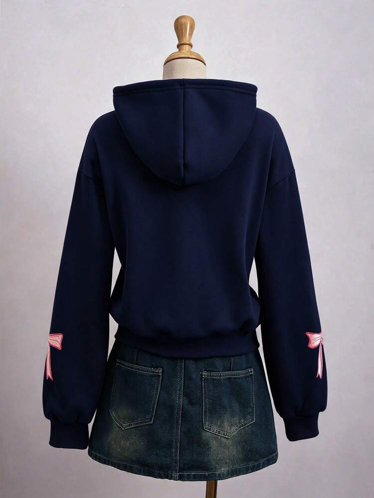 SHEIN Teen Girls Long Sleeve Autumn/Winter Solid Color Fashion Cute Streetwear Bow Sweatshirt Jacket, Comfortable Fleece Fabric, Stylish Sleeve Pink - Navy Blue - View 2