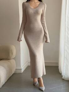 DAZY Solid Color Fitted Long Sleeve Dress, Bodycon Sexy Elegant Vacation Spring Autumn Women's Sweater Dress - Apricot - View 4