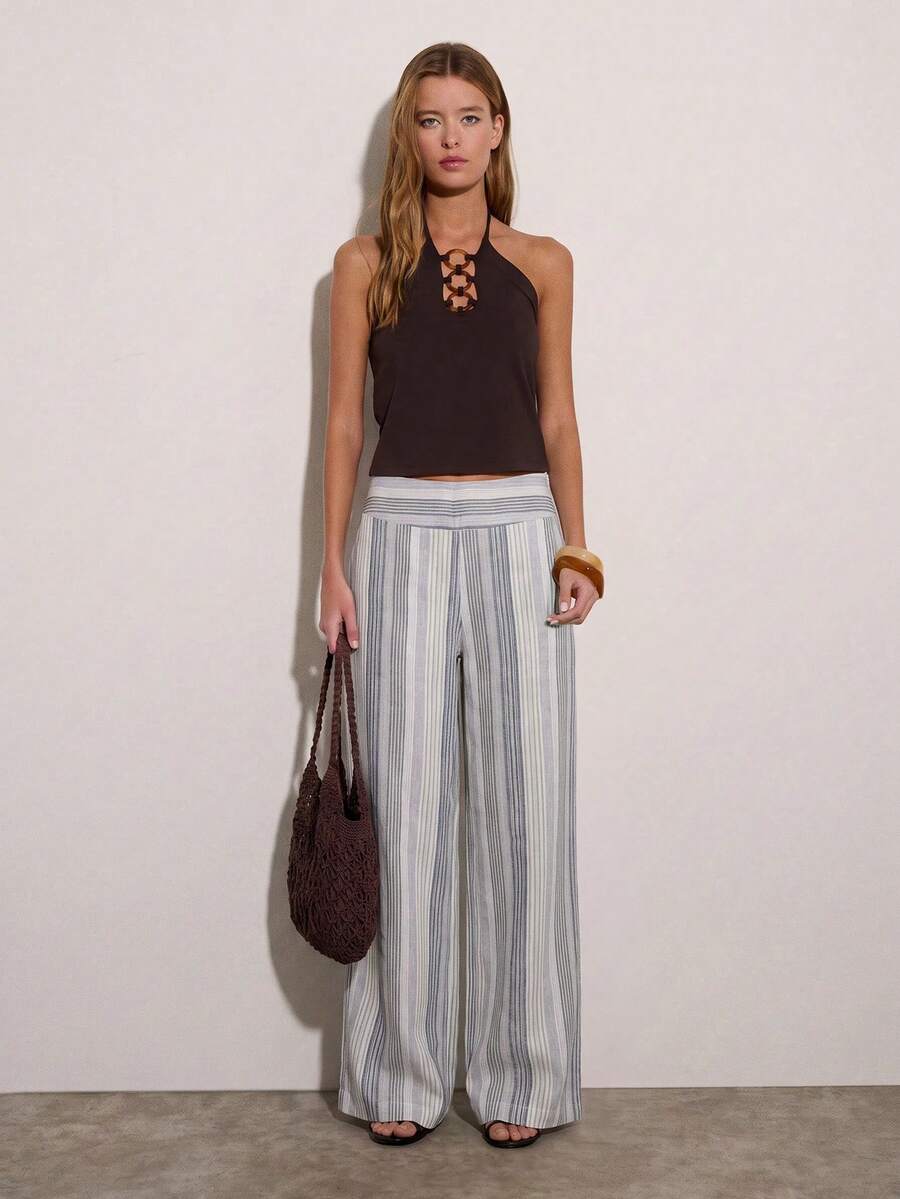 Nöista Striped Linen-Look Wide-Leg Trousers With Mid-Rise Waist. Relaxed Style For Day-To-Night And Holiday Dressing. Vintage Y2K - Multicolor - View 1
