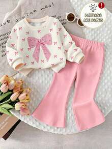 SHEIN Young Girl Bow Print Sweatshirt And Long Pants Set - Multicolor - View 4