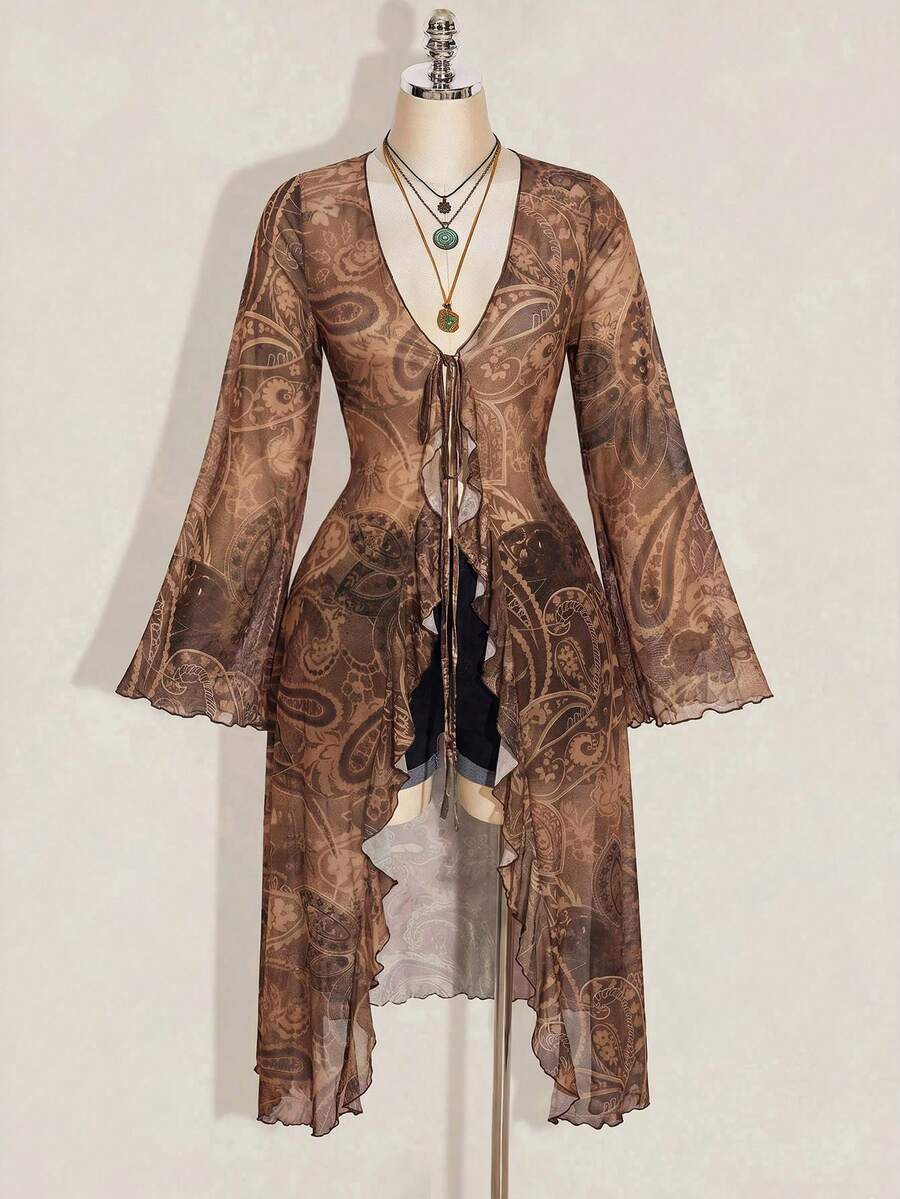 SHEIN ICON 大尺碼女款深V領休閒百搭日常上衣 秋季 - 棕色 - 查看 1
