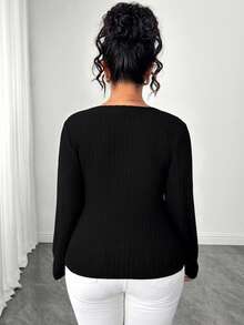 Elenzga Plus Size Women's Autumn/Winter Fuzzy Ribbed Black Slim Fit Waist-Flattering Long Sleeve Top, Elegant Neckline With Pearl Decoration, Suitable For Autumn/Winter Layering T-Shirt, Women's Casual Top, Women's Commute , Women's Fashion - Black - View 2