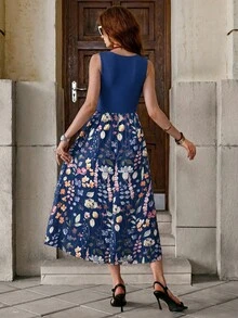 SHEIN Clasi 女款花卉印花圓領休閒波希米亞風無袖中長洋裝，適合外出、聚會與度假；夏季海軍藍花卉，復活節 - 彩色 - 查看 2