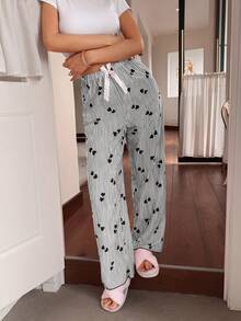 Dream Adore Women's Striped Heart Print Bow Decor Waist Pajama Pants - Black - View 4
