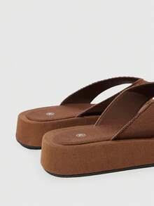 HighSole 春夏新款寬版設計露趾厚底增高極簡風涼鞋 - 牛仔棕 - 查看 5