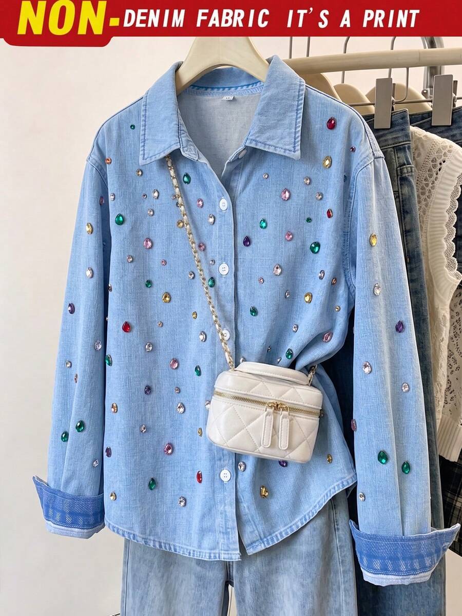 SHEIN 女童大童藍色印花長袖鈕扣領襯衫,時尚休閒上衣,適合春季、秋季、四季穿著,日常穿搭與戶外活動 - 藍色 - 查看 1