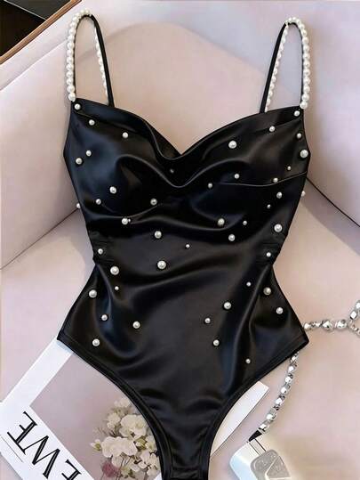Franclia Body elegant negru pentru femei cu perle artificiale