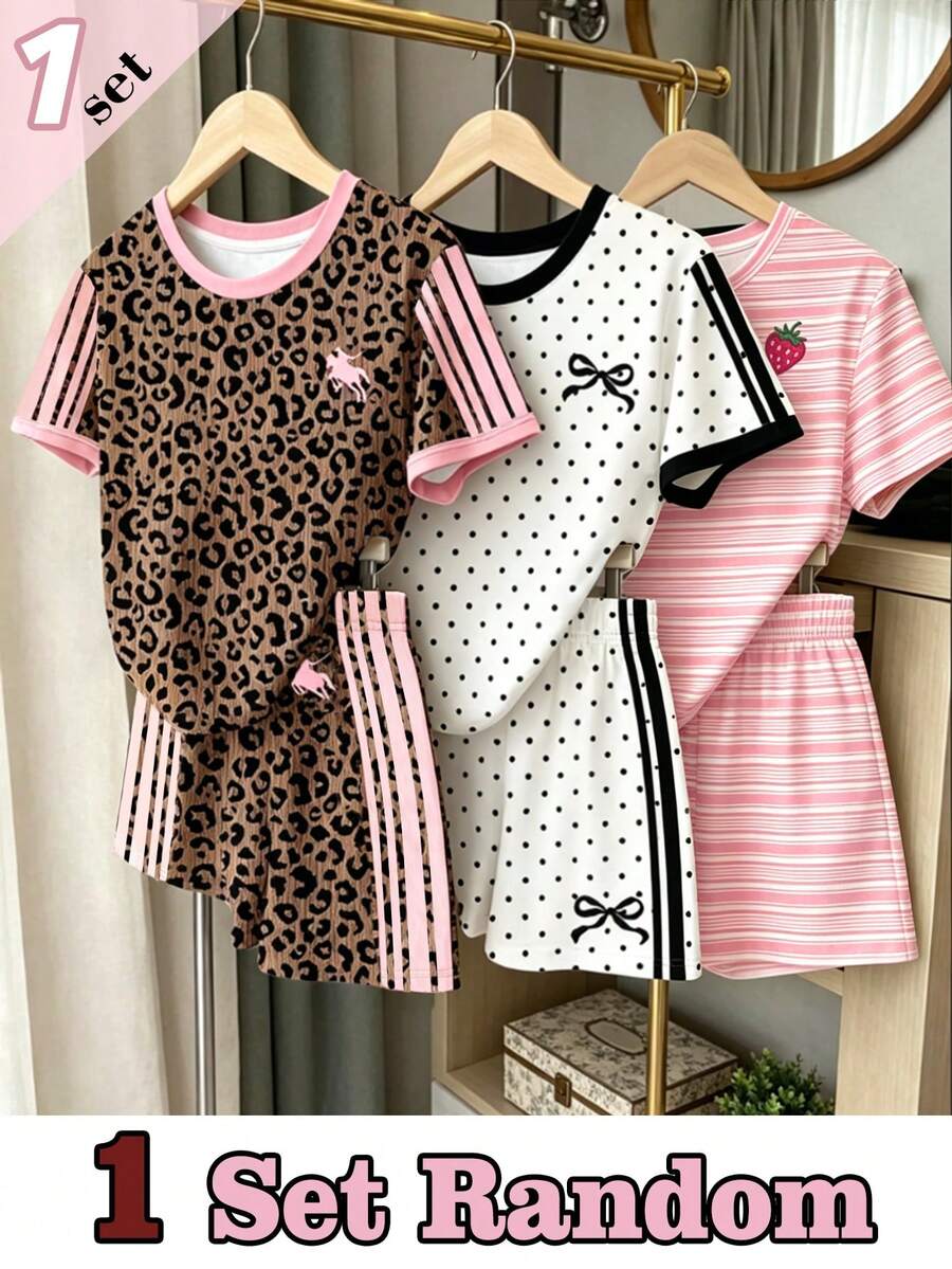 (1 Random Item From 3) Girls' Fashion Pony Pink Striped Leopard Print Colorblock Bow Polka Dot Strawberry Pattern Basic Short T-Shirt And Shorts - Multicolor - View 1