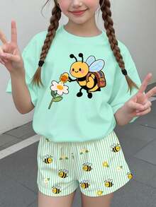 兒童青少年女孩休閒極簡卡通圖案短袖T恤與短褲兩件套，適合夏季 - 彩色 - 查看 5