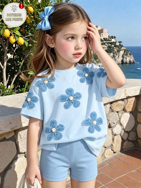 Souflis Souflis 2pcs/Set Young Girls Summer T-Shirt Set, Light Blue Floral Print Short Sleeve Round Neck Top & Leopard Bike Shorts, Holiday Matching Family Vacation