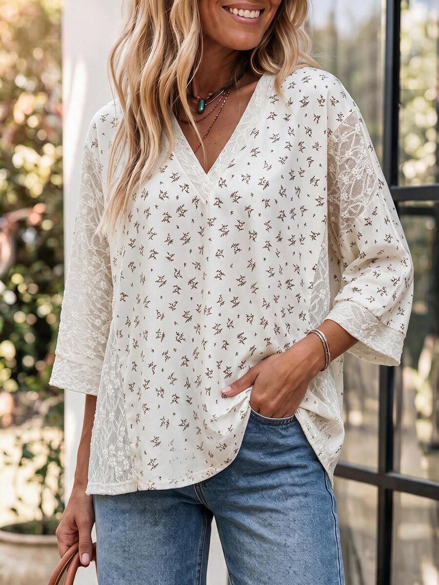 LanaWest Women's Casual Western Vacation Digital Ditsy Floral Light Apricot V-Neck Batwing Sleeve Lace Patchwork Loose Fit T-Shirt - Apricot - View 1