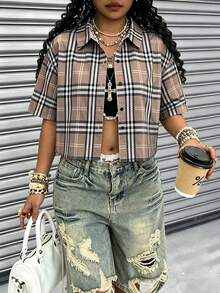 Rovax Short Shirt Collar Drop Shoulder Short Sleeve Top - Multicolor - View 3