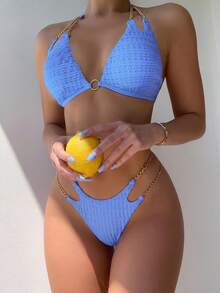 Swim Basics 2026 Spring/Summer 2-Piece Women's Blue Chain Strap Halter Sexy Sweet New Beach Vacation Bikini Swimsuit - Blue - View 1