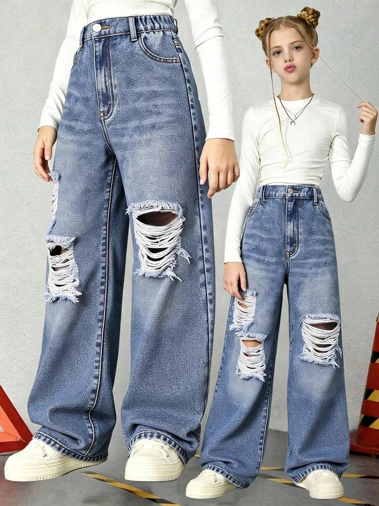 SHEIN 少女休闲百搭破洞水洗牛仔裤，Y2K风格——复古做旧浅色水洗，破洞磨边，宽松版型，面料柔软舒适，时尚百搭，休闲阔腿牛仔裤，适合度假、旅行、日常穿着，适合返校季和秋冬季穿着。 - 中等水洗藍 - 查看 3
