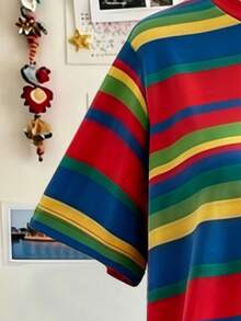 1pc Teen Girls Y2K Millennium Style Retro Colorful Contrast Stripe Pattern Short Sleeve Round Neck T-Shirt, Suitable For Campus, Daily Outings, Parties, Casual Summer Top Outfit - Multicolor - View 5