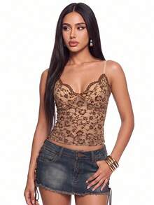 SHEIN ICON Contrast Lace Ruched Y2k Cami Top - Brown - View 1