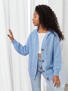 SHEIN 青少年女孩純色休閒百搭日常穿著長袖開襟衫 - 藍色 - 查看 4