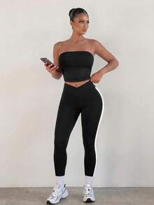 Sunnyshic Women's Colorblock Casual Versatile Daily Travel Sports Tight Leggings - Black and White - View 2