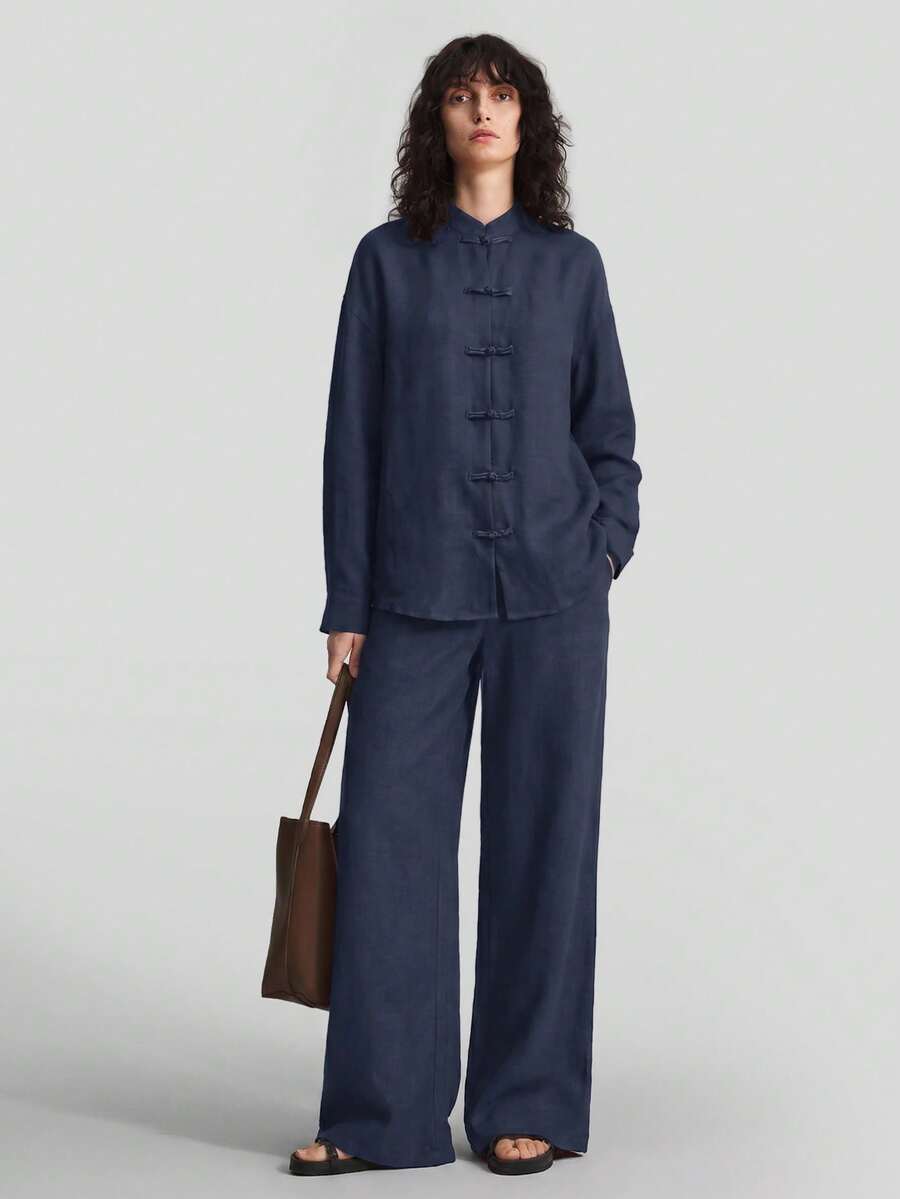 Ontre Women's Navy Blue Chinese Style Frog Button Dropped Shoulder Long Sleeve Shirt And Elastic Waist Straight Leg Pants 2 Pieces Set Fall Artist Night - Navy Blue - View 1