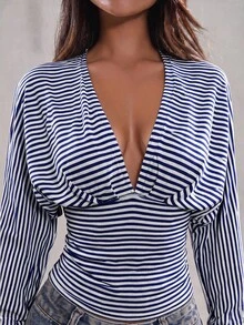 SHEIN BAE 女款條紋深V領蝙蝠袖長袖時尚上衣 - 藏蓝色 - 查看 6