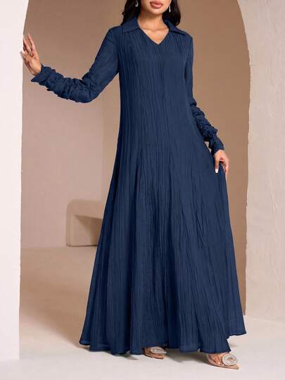 Veilorie Conservative Casual Shirt Collar Ruched Sleeve Dress, Women's Arabian Dress