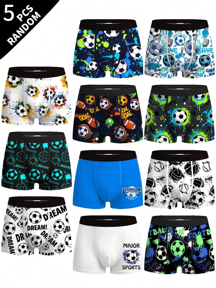 Dikirim secara acak 5 dari 10 model celana dalam boxer anak laki-laki besar dengan berbagai motif sepak bola piksel, kain lembut dan ramah kulit, cocok untuk anak laki-laki yang lebih besar. - MultiWarna - View 1