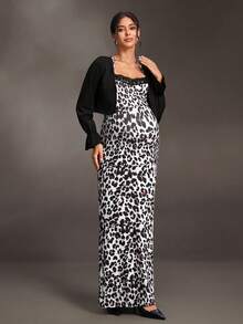 Cheriluna Maternity Maternity Black White Lace Trim Halter Dress Long Sleeve Top 2pcs Set Autumn Photoshoot Sexy Elegant - Black and White - View 4
