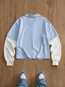 SWAVVY Camisa 2 en 1 para hombre con bordado, versátil, de un solo pecho, a rayas y con contraste de color - Azul - Ver 2