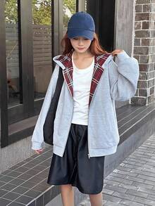 DAZY 青少年女孩秋季服飾 保暖內裡寬鬆休閒運動衫夾克 格紋拼接 寬鬆版型休閒格紋秋季休閒風 - 灰色 - 查看 5