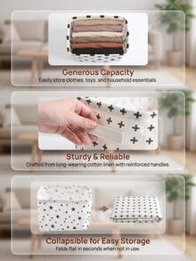 Haus Hana 1Pc/2Pcs/3Pcs Pattern Cotton Linen Fabric Storage Box, Durable Cotton Linen Material With Three Classic Printed Motifs. Portable Foldable Tidying Case For Vanity Table Use, Indoor Corner Clutter Sorting Accessory For Home Personal Item Collection. - Multicolor - View 15