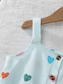 SHEIN Genkimix Kids 歐美風少女夏季心形印花細肩帶上衣 + 寬腿長褲 2件套，紋理泡泡布料，親膚，甜美可愛，適合 4-7 歲女孩，戶外玩樂穿搭首選 - 藍色 - 查看 5