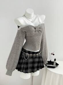 Elamini Women's Lace Patchwork Pleated Fitted Versatile Daily Casual Sweater - Grey - View 5