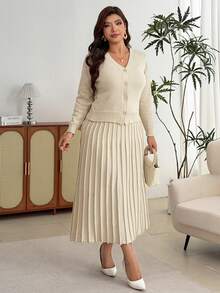 Modelyn Plus Size Women Solid Color Dress And Long Sleeve Cardigan Casual Knit Set - Apricot - View 6